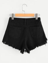 Load image into Gallery viewer, Black denim distressed shorts
