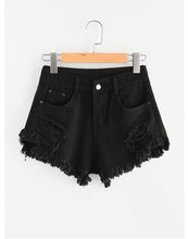 Load image into Gallery viewer, Black denim distressed shorts
